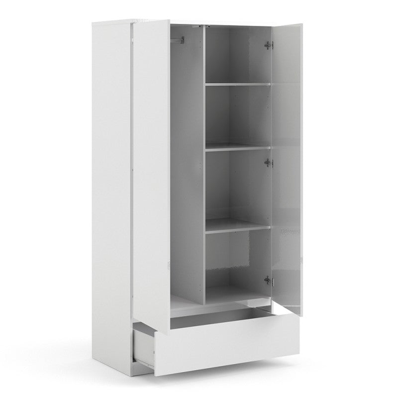 Naia Wardrobe with 2 doors + 1 drawer in White High Gloss