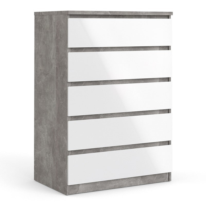 Naia Chest of 5 Drawers in Concrete and White High Gloss