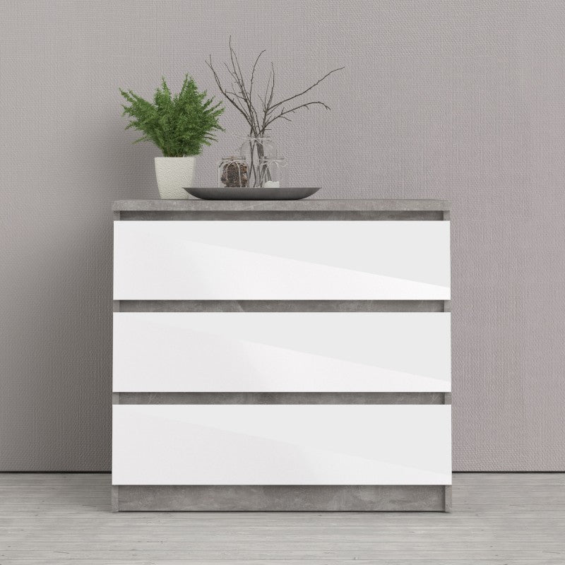 Naia Chest of 3 Drawers in Concrete and White High Gloss