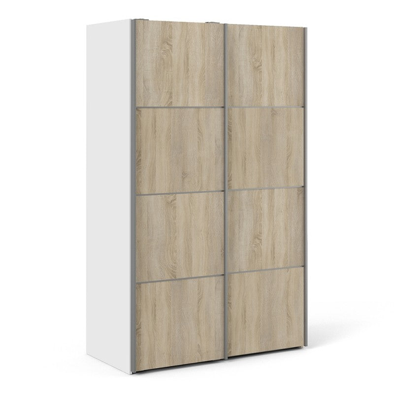 Verona Sliding Wardrobe 120cm in White with Oak Doors and 2 Shelves