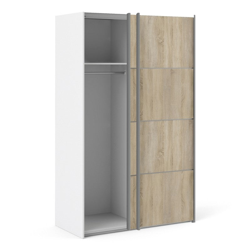 Verona Sliding Wardrobe 120cm in White with Oak Doors and 2 Shelves