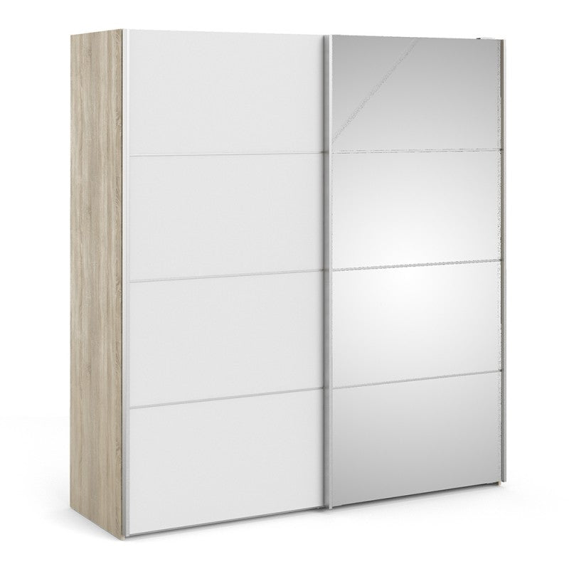 Verona Sliding Wardrobe 180cm in Oak with White and Mirror Doors and 2 Shelves