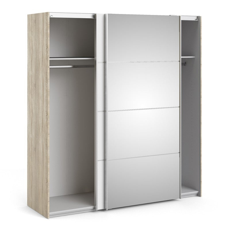 Verona Sliding Wardrobe 180cm in Oak with White and Mirror Doors and 2 Shelves