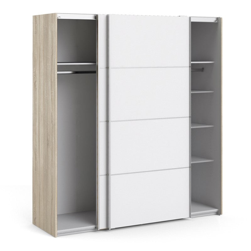 Verona Sliding Wardrobe 180cm in Oak with White Doors and 5 Shelves