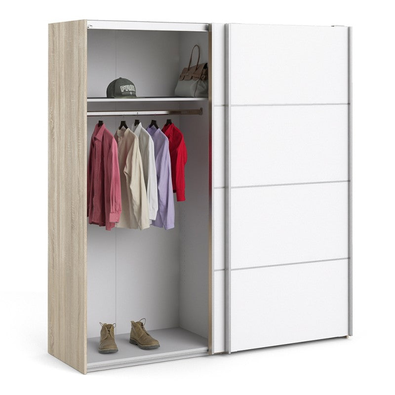 Verona Sliding Wardrobe 180cm in Oak with White Doors and 5 Shelves