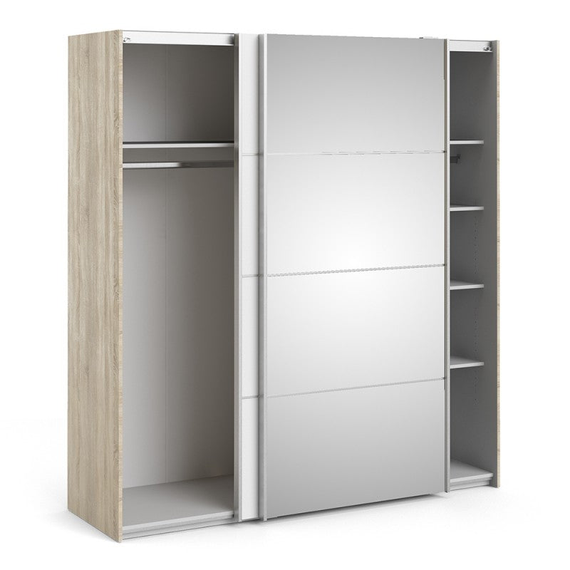 Verona Sliding Wardrobe 180cm in Oak with White and Mirror Doors and 5 Shelves