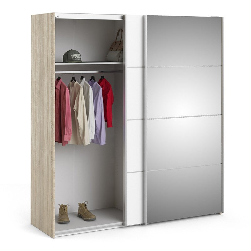 Verona Sliding Wardrobe 180cm in Oak with White and Mirror Doors and 5 Shelves