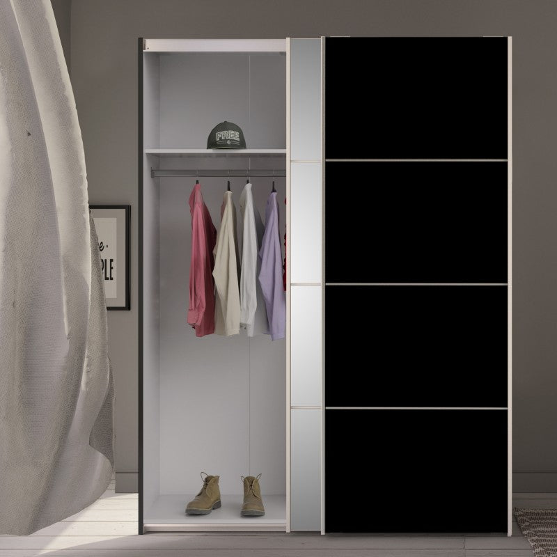 Verona Sliding Wardrobe 180cm in Black with Black and Mirror Doors with 2 Shelves