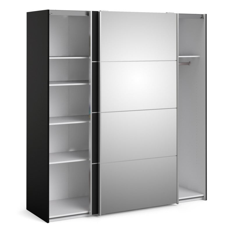 Verona Sliding Wardrobe 180cm in Black with Black and Mirror Doors with 5 Shelves