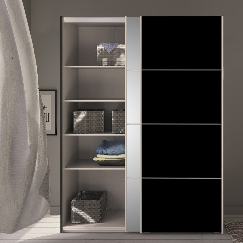 Verona Sliding Wardrobe 180cm in Black with Black and Mirror Doors with 5 Shelves