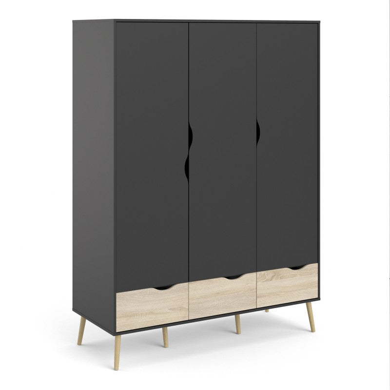 Oslo Wardrobe 3 Doors 3 Drawers in Black and Oak