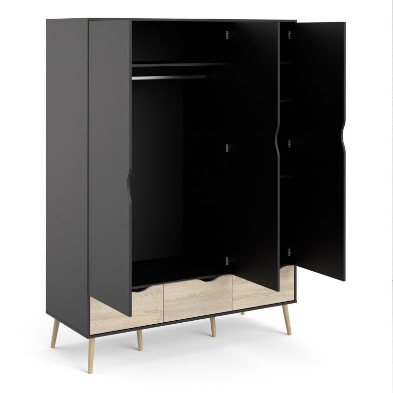 Oslo Wardrobe 3 Doors 3 Drawers in Black and Oak