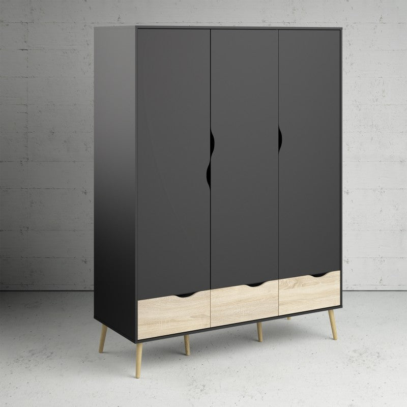 Oslo Wardrobe 3 Doors 3 Drawers in Black and Oak