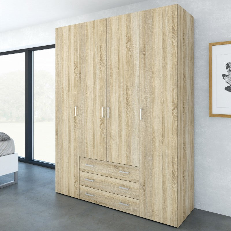 Space Wardrobe - 4 Doors 3 Drawers in Oak