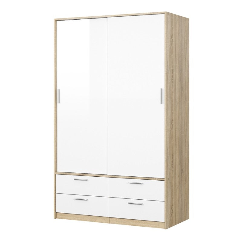 Line Wardrobe - 2 Doors 4 Drawers in Oak with White High Gloss