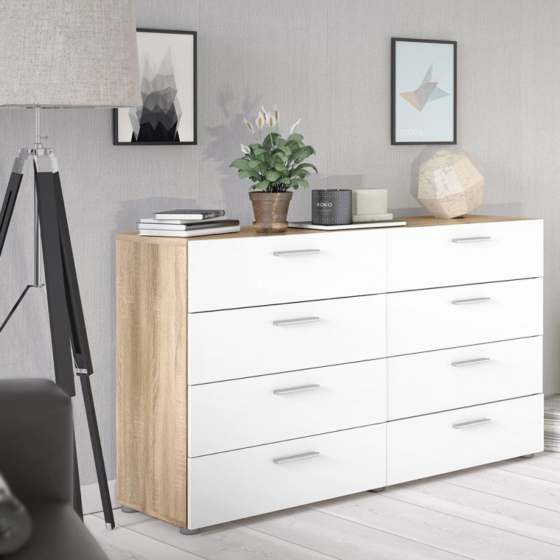 Pepe Wide Chest of 8 Drawers (4+4) in Oak with White High Gloss