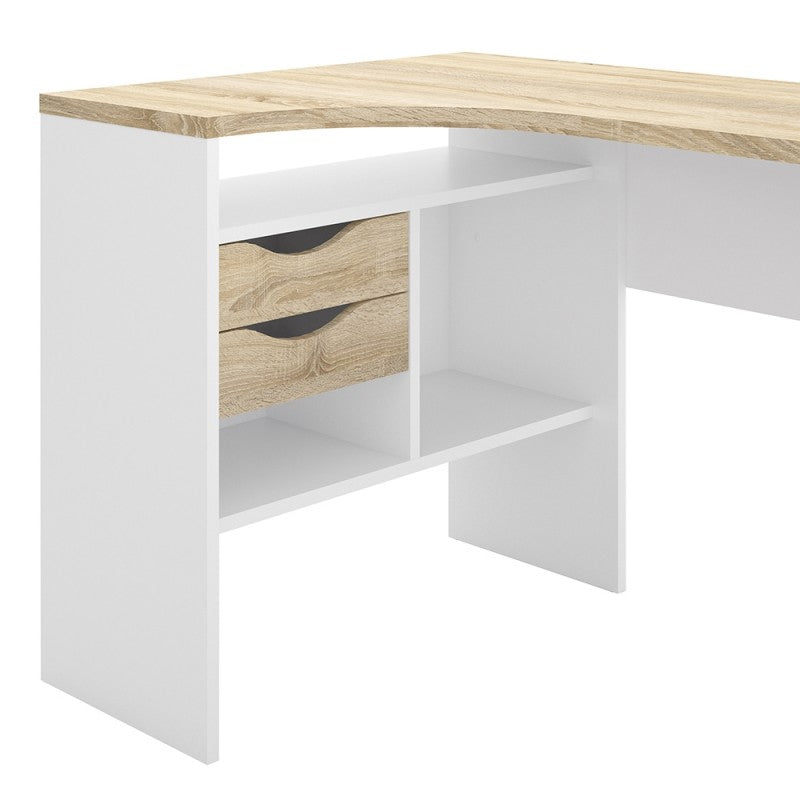 Function Plus Corner Desk 2 Drawers in White and Oak