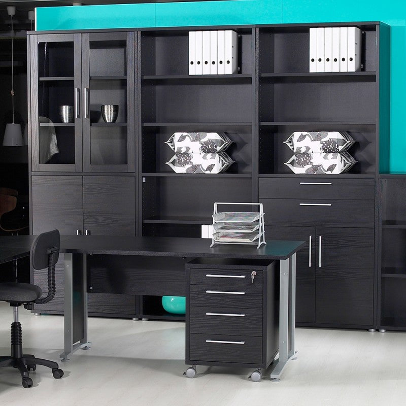 Prima Bookcase 2 Shelves with 2 Drawers + 2 File Drawers in Black woodgrain