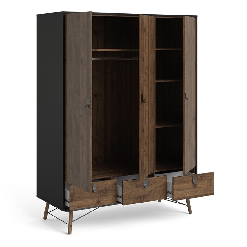 Ry Wardrobe 3 doors + 3 drawers Matt Black Walnut