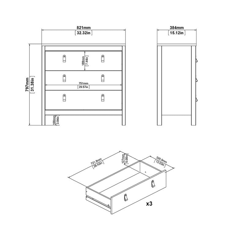 Barcelona Chest 3 drawers in Matt Black