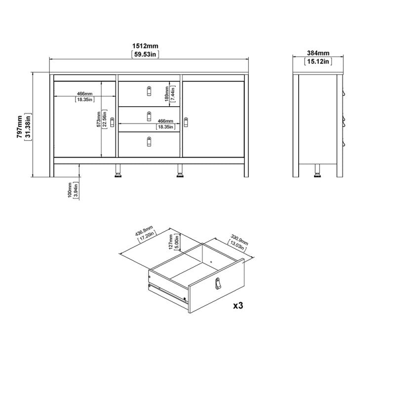 Barcelona Sideboard 2 doors + 3 drawers in White