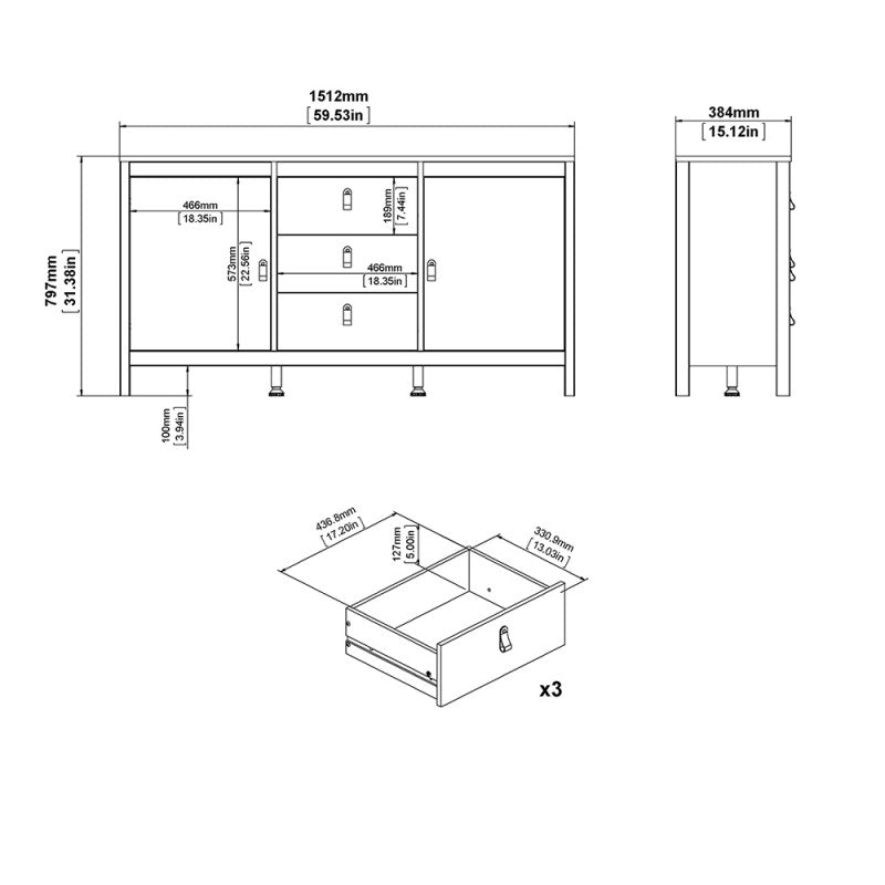 Madrid Sideboard 2 doors + 3 drawers  in Matt Black