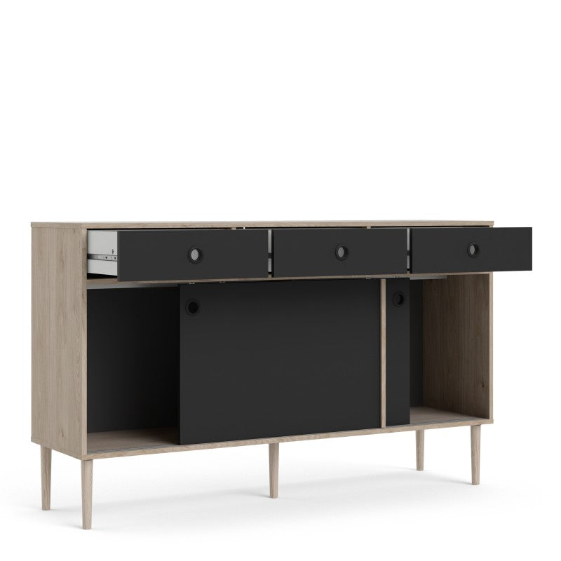 Rome Sideboard 2 Sliding doors + 3 drawers in Jackson Hickory Oak with Matt Black
