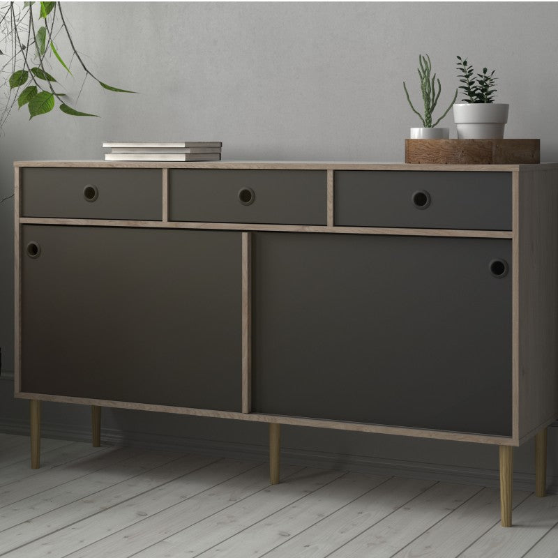 Rome Sideboard 2 Sliding doors + 3 drawers in Jackson Hickory Oak with Matt Black