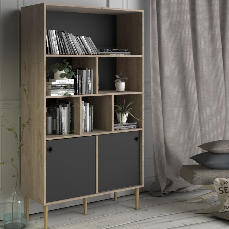 Rome Bookcase 2 sliding doors in Jackson Hickory Oak with Matt Black