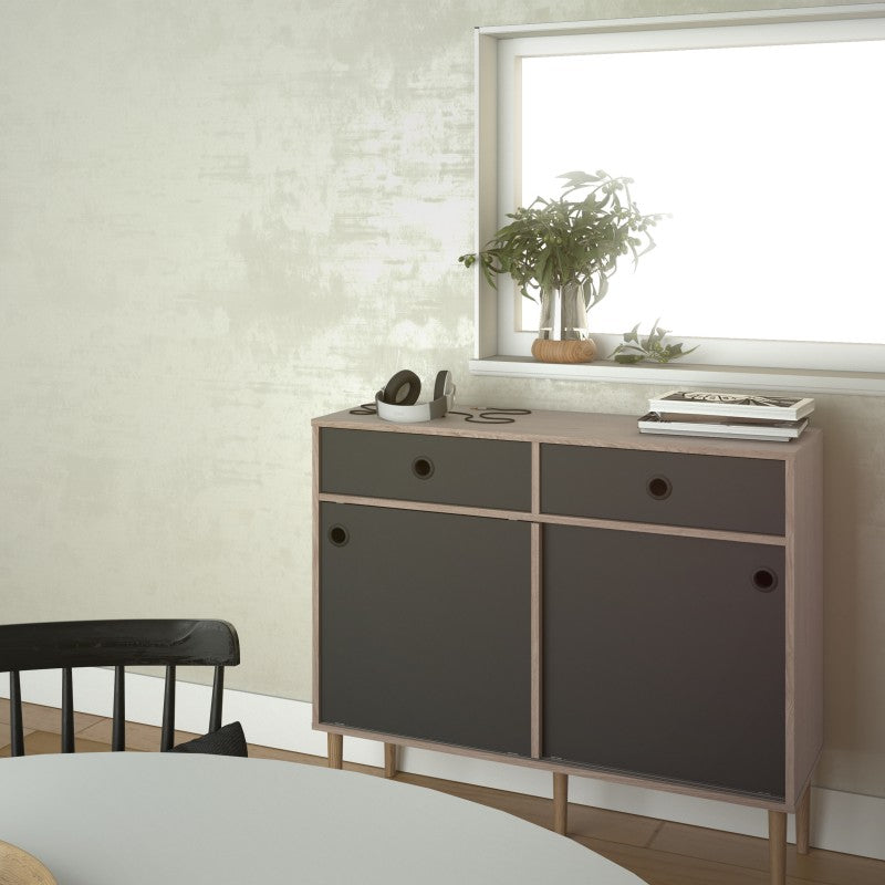 Rome Sideboard 2 Sliding doors + 2 drawers in Jackson Hickory Oak with Matt Black