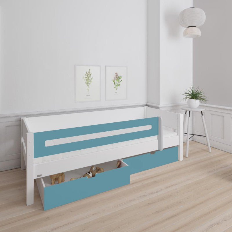 Manis-h White Day Bed with Safety Rail and 2 drawers in Petroleum
