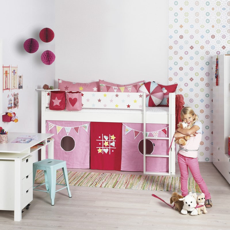 Manis-h White Mid Sleeper Bed with Safety Rail in Snow White and TicTacToe & Bunting Play Curtain
