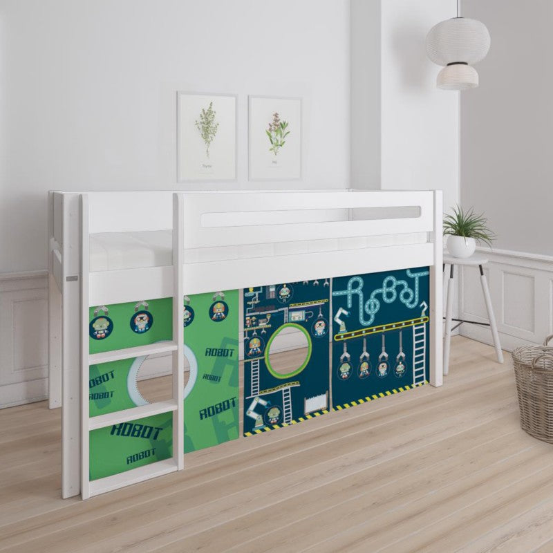 Manis-h White Mid Sleeper Bed with Safety Rail in Snow White and Robot Play Curtain