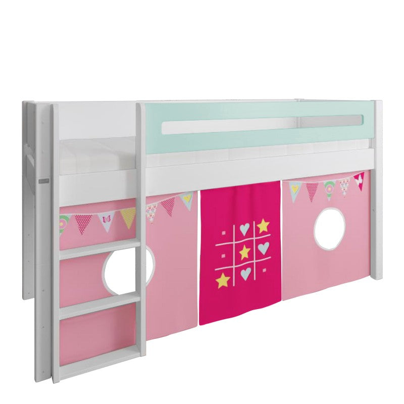 Manis-h White Mid Sleeper Bed with Safety Rail in Azur Mint and TicTacToe & Bunting Play Curtain
