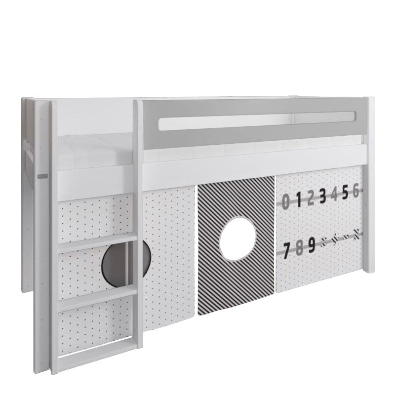 Manis-h White Mid Sleeper Bed with Safety Rail in Silver Grey and Numbers Play Curtain