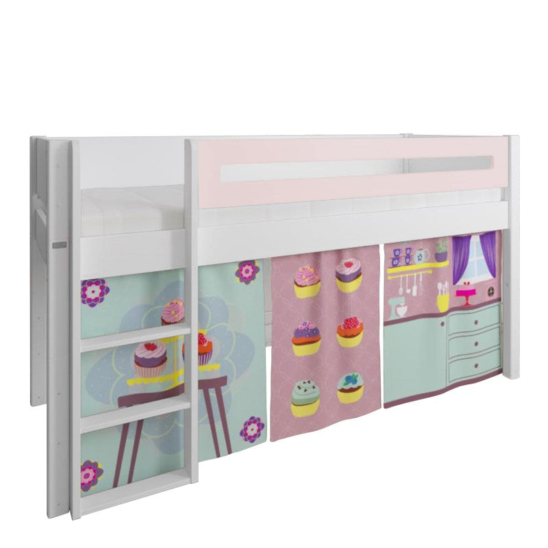 Manis-h White Mid Sleeper Bed with Safety Rail in Light Rose and Cup Cake Play Curtain