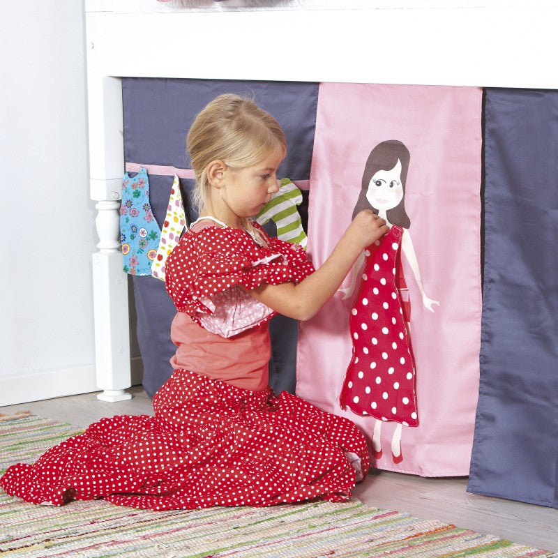 Manis-h White Mid Sleeper Bed with Safety Rail in Snow White and Dress up Doll Play Curtain