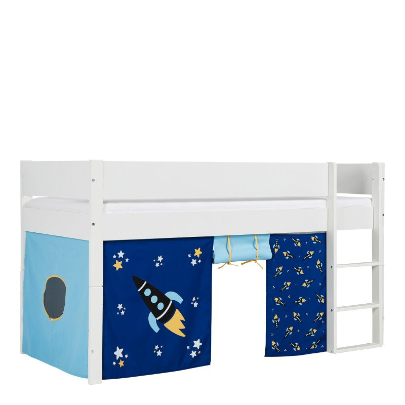 Huxie White Mid Sleeper with Safety Rail in White and Blue Rocket Play Curtains