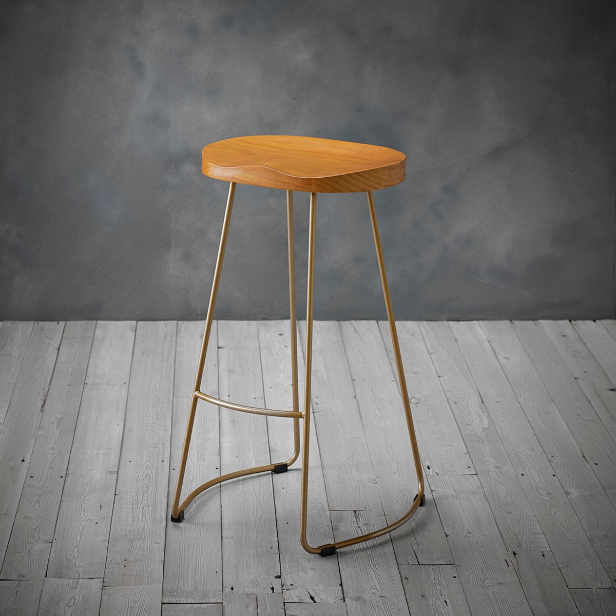 Bailey Pine Wood Seat Gold Effect Leg Bar Stool