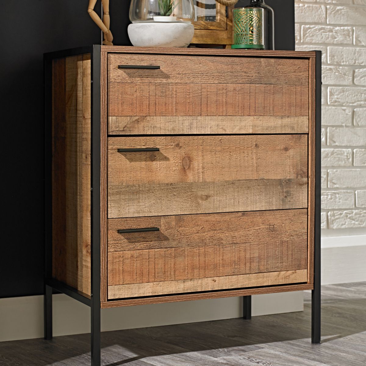 Hoxton 3 Drawer Chest Distressed Oak Effect